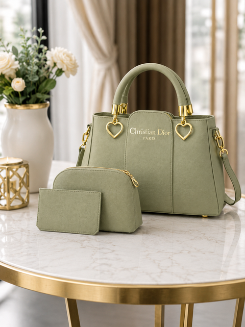 Luxury 3 Pcs Women's Green Leather Handbag Set | Premium Shoulder & Tote Bag with Pouch & Card Holder