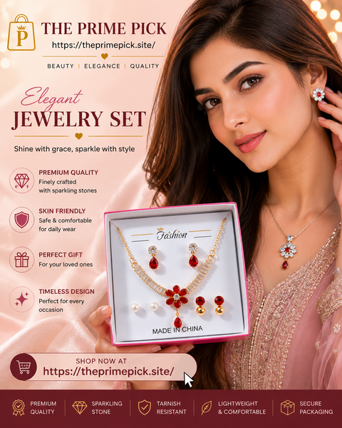 Luxury Red Crystal Jewelry Set for Women – Gold Plated Flower Necklace & Earrings Gift Box