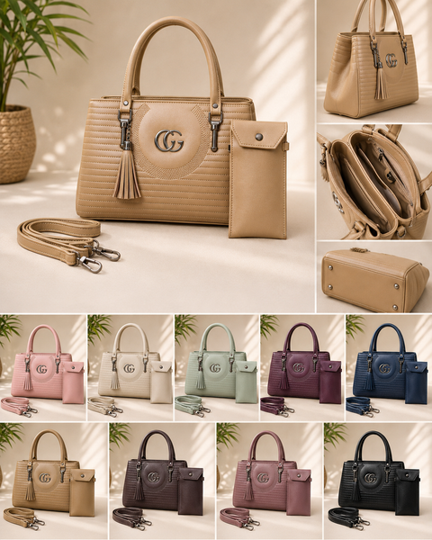 Elegant 2 Pcs Women's Leather Handbag Set – Stylish Top Handle Tote Bag with Crossbody Strap (Beige)