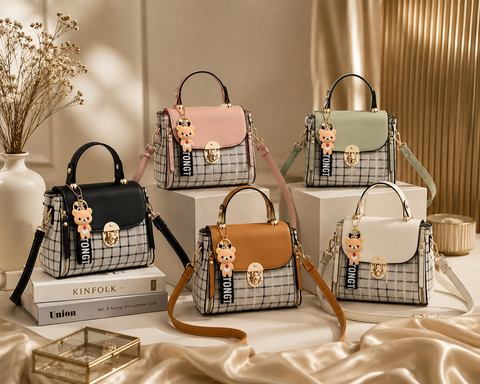 Korean Style Plaid Mini Crossbody Bag for Women | Cute Bear Charm Handbag | Trendy Shoulder Bag