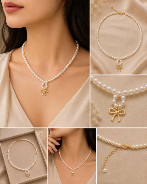 Cute Pearl Bow Pendant Necklace | Elegant Korean Style Jewelry for Women