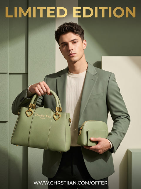 Luxury 3 Pcs Women's Green Leather Handbag Set | Premium Shoulder & Tote Bag with Pouch & Card Holder