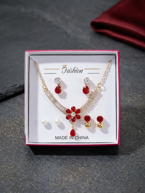 Luxury Red Crystal Jewelry Set for Women – Gold Plated Flower Necklace & Earrings Gift Box