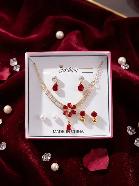 Luxury Red Crystal Jewelry Set for Women – Gold Plated Flower Necklace & Earrings Gift Box