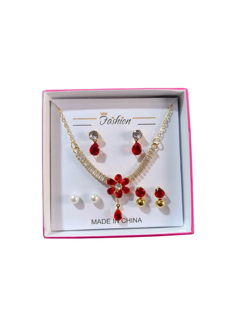 Luxury Red Crystal Jewelry Set for Women – Gold Plated Flower Necklace & Earrings Gift Box