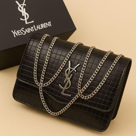 Black Rexine Chain Crossbody Bag for Women – Stylish Multipurpose Handbag