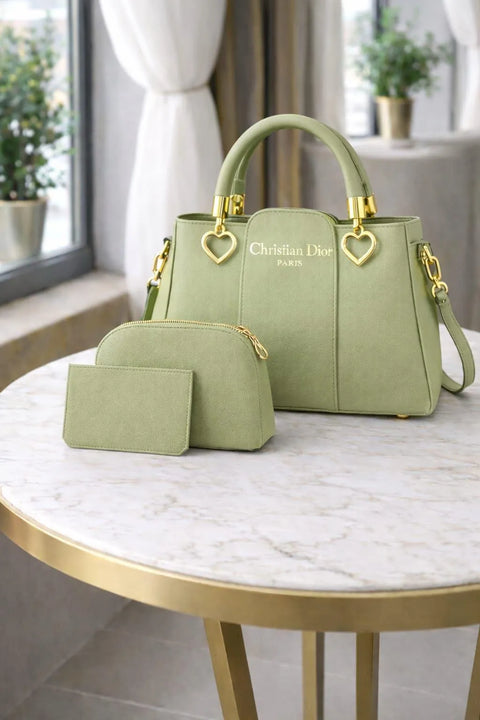 Luxury 3 Pcs Women's Green Leather Handbag Set | Premium Shoulder & Tote Bag with Pouch & Card Holder