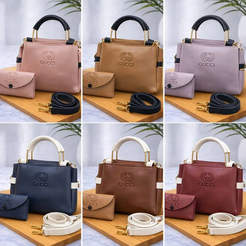 Elegant 2 Pcs Women's Leather Handbag Set – Stylish Top Handle Tote Bag with Crossbody Strap (Beige)