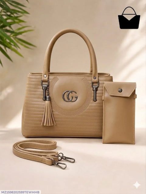 Elegant 2 Pcs Women's Leather Handbag Set – Stylish Top Handle Tote Bag with Crossbody Strap (Beige)