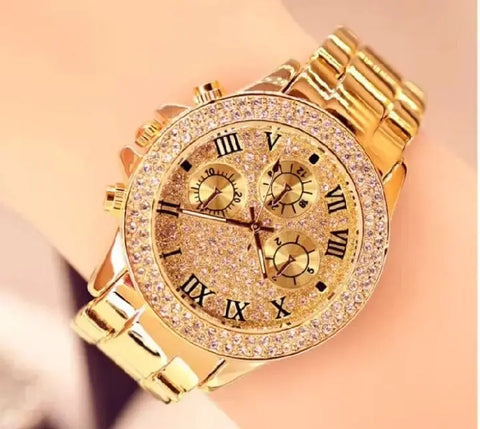 Luxury Gold Crystal Women's Bracelet Watch – Roman Dial Fashion Wrist Watch