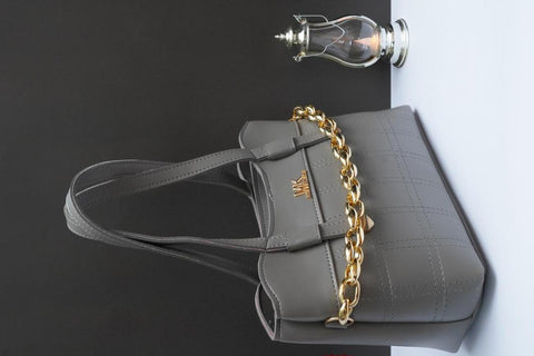 Premium Grey PU Leather Handbag with Gold Chain Strap | Stylish Women's Shoulder Bag