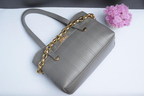 Premium Grey PU Leather Handbag with Gold Chain Strap | Stylish Women's Shoulder Bag