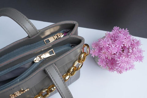 Premium Grey PU Leather Handbag with Gold Chain Strap | Stylish Women's Shoulder Bag