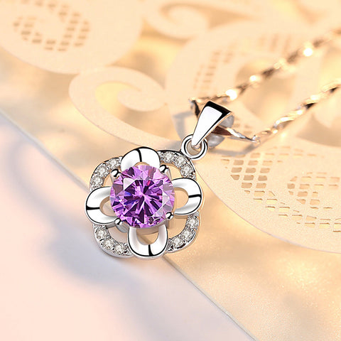 Luxury Floral Crystal Pendant Necklace for Women – Silver Zircon Flower Korean Jewelry