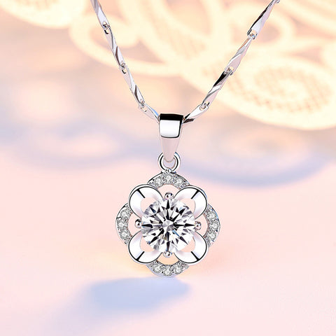 Luxury Floral Crystal Pendant Necklace for Women – Silver Zircon Flower Korean Jewelry