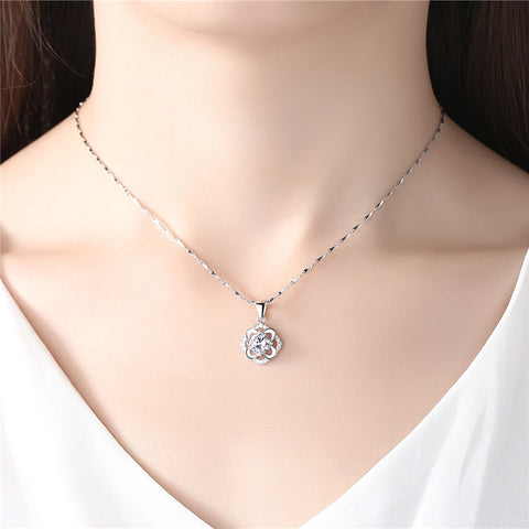 Luxury Floral Crystal Pendant Necklace for Women – Silver Zircon Flower Korean Jewelry