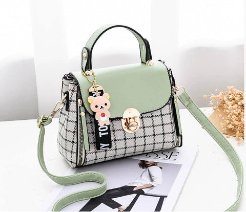 Korean Style Plaid Mini Crossbody Bag for Women | Cute Bear Charm Handbag | Trendy Shoulder Bag
