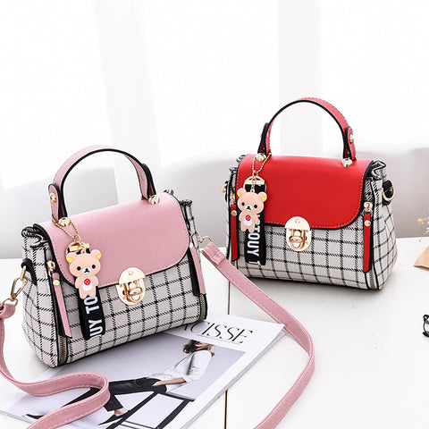 Korean Style Plaid Mini Crossbody Bag for Women | Cute Bear Charm Handbag | Trendy Shoulder Bag