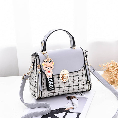 Korean Style Plaid Mini Crossbody Bag for Women | Cute Bear Charm Handbag | Trendy Shoulder Bag