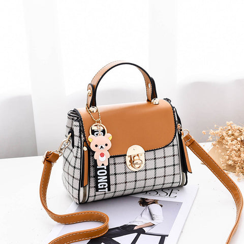 Korean Style Plaid Mini Crossbody Bag for Women | Cute Bear Charm Handbag | Trendy Shoulder Bag