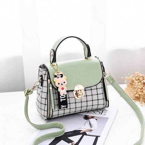 Korean Style Plaid Mini Crossbody Bag for Women | Cute Bear Charm Handbag | Trendy Shoulder Bag