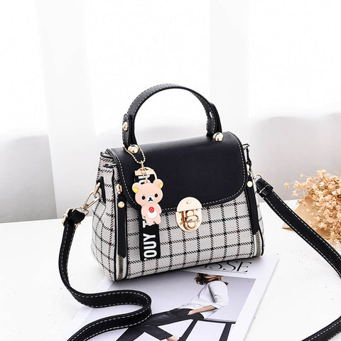 Korean Style Plaid Mini Crossbody Bag for Women | Cute Bear Charm Handbag | Trendy Shoulder Bag