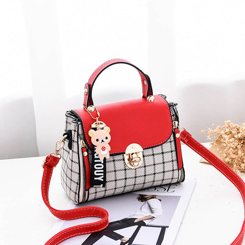 Korean Style Plaid Mini Crossbody Bag for Women | Cute Bear Charm Handbag | Trendy Shoulder Bag