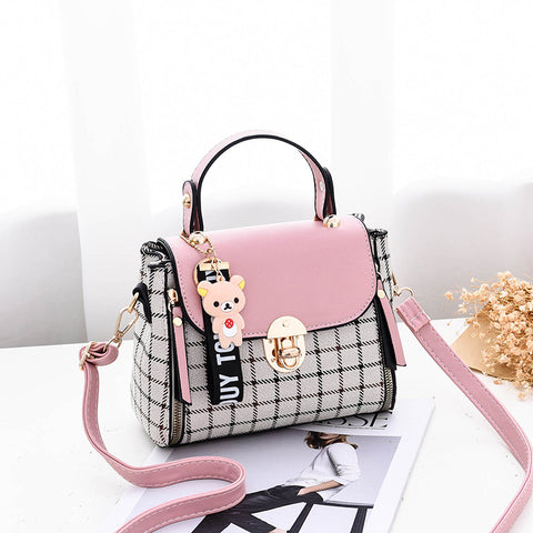 Korean Style Plaid Mini Crossbody Bag for Women | Cute Bear Charm Handbag | Trendy Shoulder Bag
