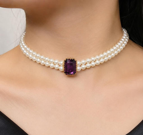 Imperial Pearl Choker Necklace | Purple Crystal Pearl Choker for Women